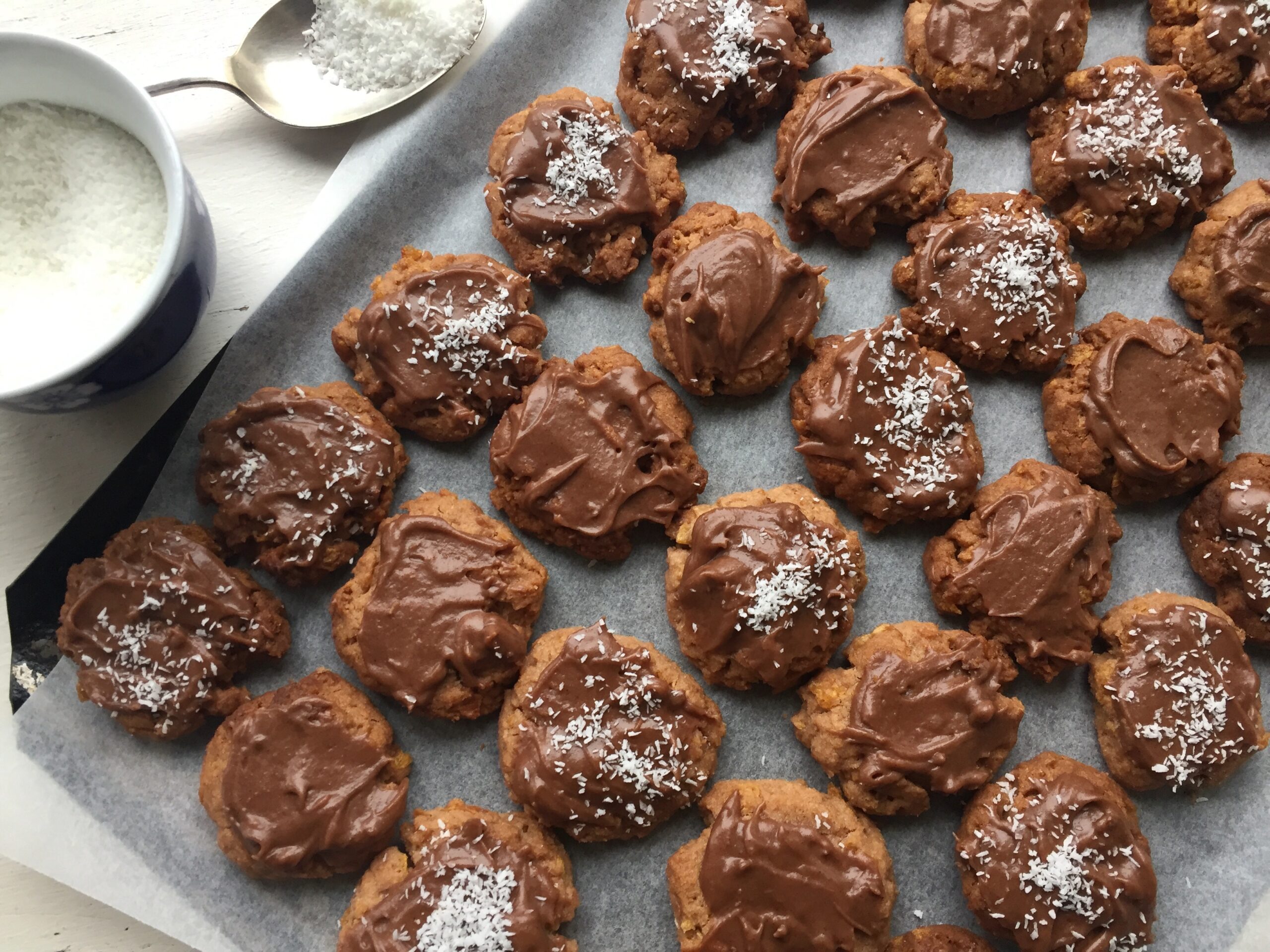 Rows of Iced Chocolate biscuits on tray